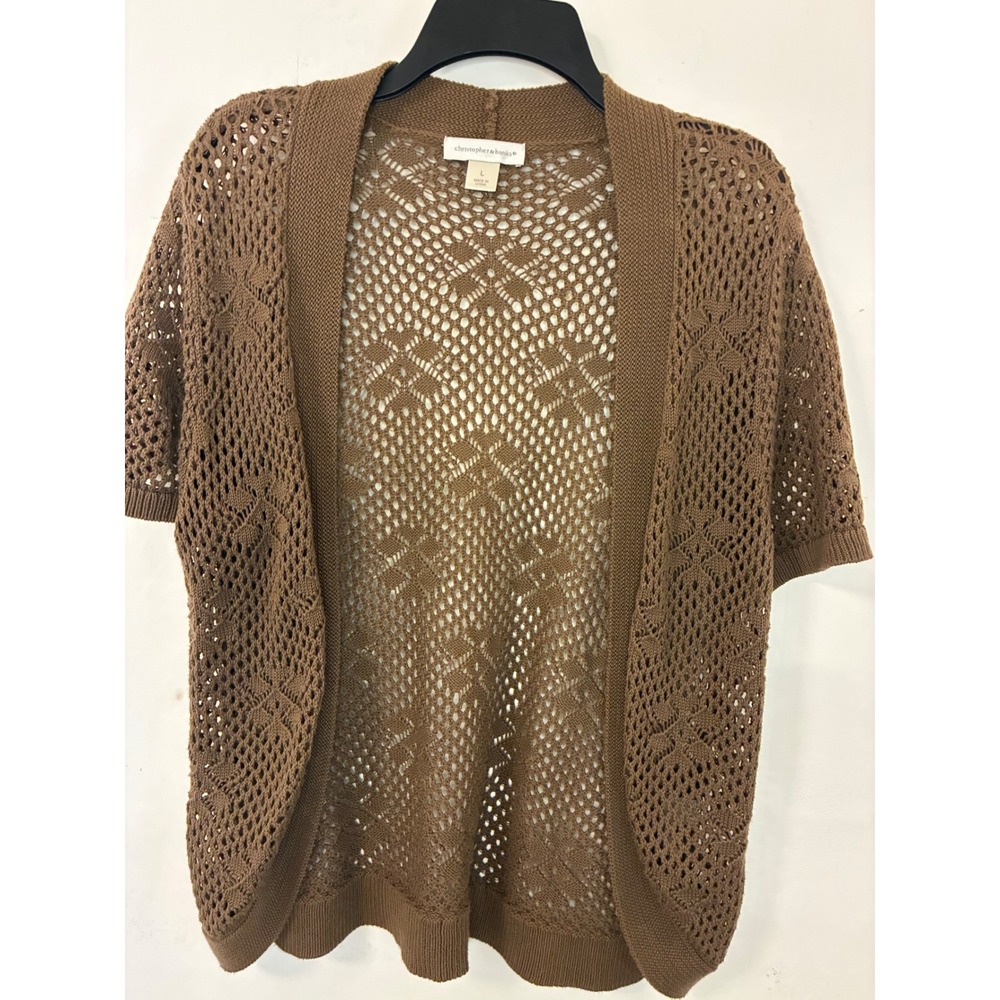 Christopher & Banks Brown Cotton Pointelle Open Knit Cardigan Sweater Vintage L